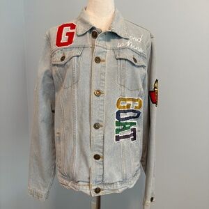 RUE 21 Graphic Button Down Denim Jacket GOAT Sport Champion Embroidered Patch M